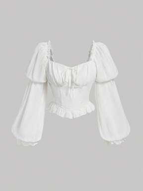 SHEIN MOD Hjärtformad halsringning, utsvängda ärmar, rynkad byst, volangkant, lotusknut, puffärmar, vit blus, långärmade toppar, vår/sommar, perfekt för semester, dejt, picknick, fest, bal, festival och födelsedag, tebjudning, västerländsk stil, nomadisk stil, piratstil, rokokostil, viktoriansk skjorta, retro, vintage