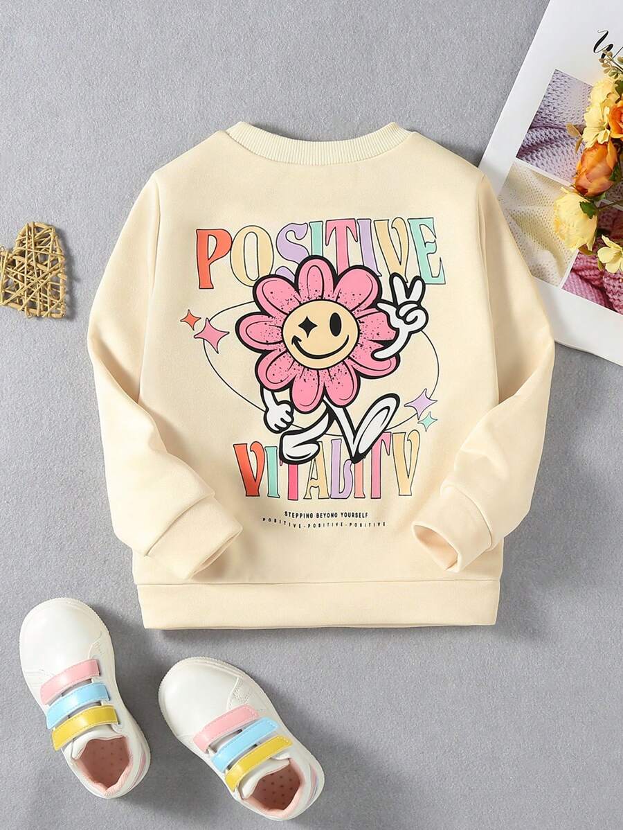 SHEIN Cô Gái Trẻ Đồ họa hoa & khẩu hiệu Áo nỉ - Màu be - Xem 1