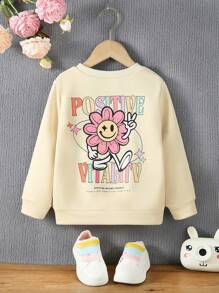 SHEIN Cô Gái Trẻ Đồ họa hoa & khẩu hiệu Áo nỉ - Màu be - Xem 4