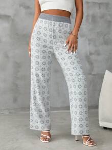 RueChic Allover Pattern Wide Leg Knit Pants - Multicolor - View 1
