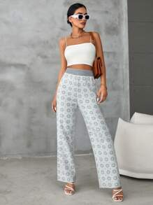 RueChic Allover Pattern Wide Leg Knit Pants - Multicolor - View 3