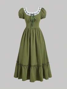 SHEIN MOD 蕾絲拼接荷葉邊前繫帶連衣裙 - 軍綠色 - 查看 1