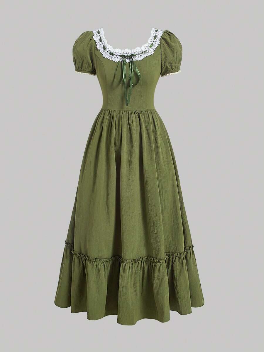 SHEIN MOD 蕾絲拼接荷葉邊前繫帶連衣裙 - 軍綠色 - 查看 1