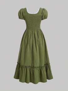 SHEIN MOD 蕾絲拼接荷葉邊前繫帶連衣裙 - 軍綠色 - 查看 2