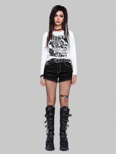 Grunge Punk Skull Letter Graphic Tee