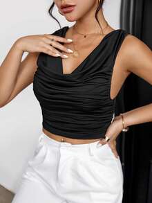 SHEIN Privé Top crop escote drapeado fruncido - Negro - Ver 5