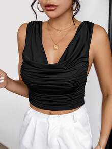 SHEIN Privé Top crop escote drapeado fruncido - Negro - Ver 6