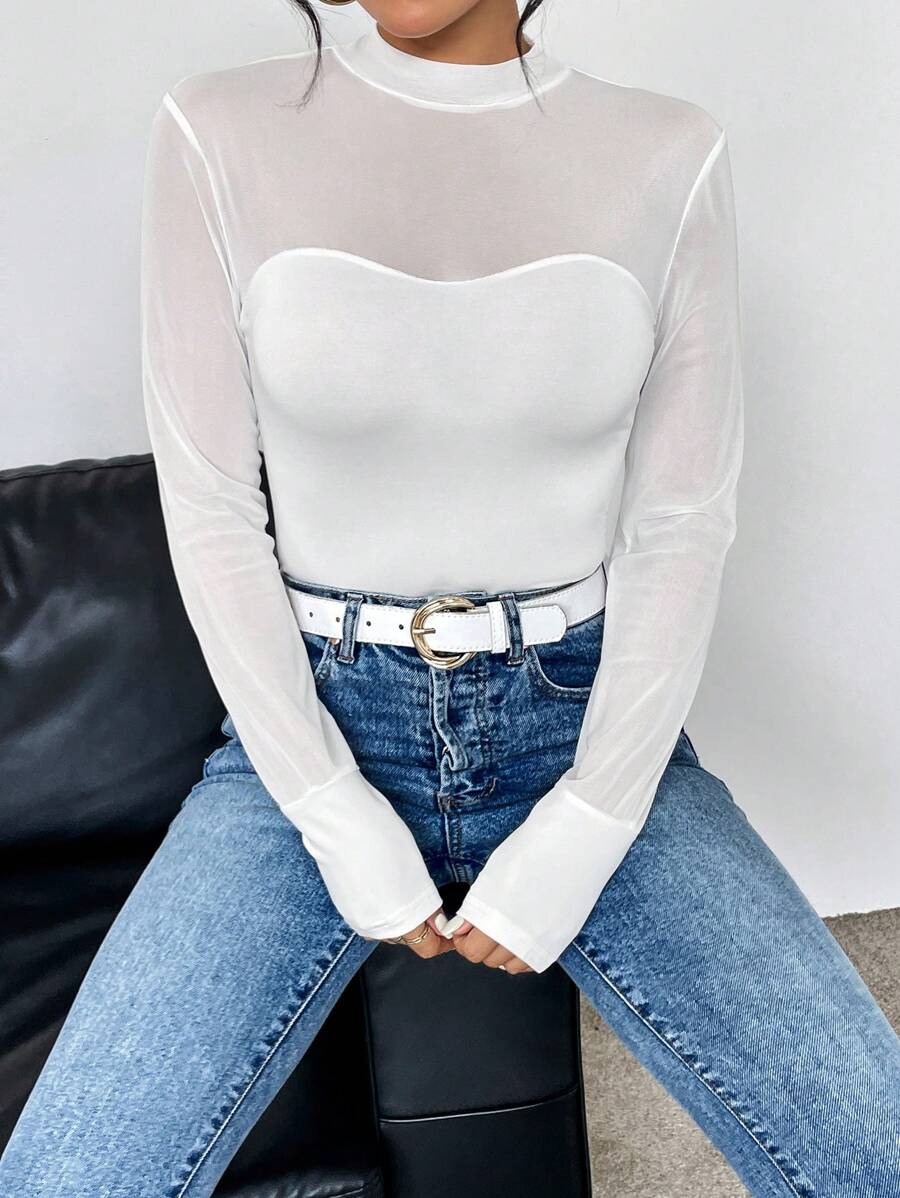 SHEIN Privé Lưới tương phản Cổ giả Áo liền quần chặt - trắng - Xem 1