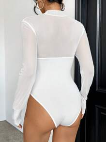 SHEIN Privé Lưới tương phản Cổ giả Áo liền quần chặt - trắng - Xem 2