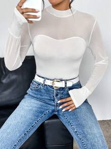 SHEIN Privé Lưới tương phản Cổ giả Áo liền quần chặt - trắng - Xem 3