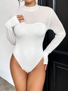 SHEIN Privé Lưới tương phản Cổ giả Áo liền quần chặt - trắng - Xem 6