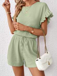 SHEIN Essnce Flounce Sleeve Top & Knot Waist Shorts