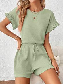 SHEIN Essnce Flounce Sleeve Top & Knot Waist Shorts