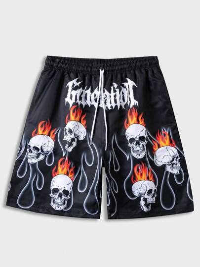 Guys Skull & Fire Print Drawstring Waist Shorts