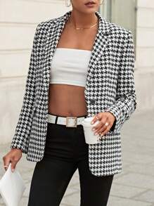 EURMUSE Houndstooth Print Lapel Neck Overcoat - Black and White - View 1