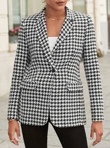 EURMUSE Houndstooth Print Lapel Neck Overcoat - Black and White - View 3