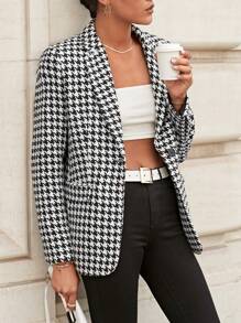 EURMUSE Houndstooth Print Lapel Neck Overcoat - Black and White - View 5