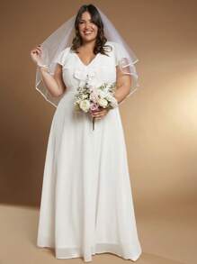 SHEIN Belle Plus Ruffle Trim Chiffon Wedding Dress Without Veil - White - View 2