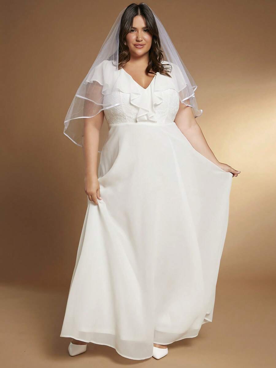 SHEIN Belle Plus Ruffle Trim Chiffon Wedding Dress Without Veil - White - View 1