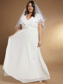 SHEIN Belle Plus Ruffle Trim Chiffon Wedding Dress Without Veil - White - View 4