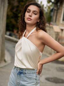 SHEIN Frenchy 优雅纯色扭结露背吊带上衣 - 米色 - 查看 4