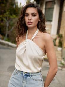 SHEIN Frenchy 优雅纯色扭结露背吊带上衣 - 米色 - 查看 5