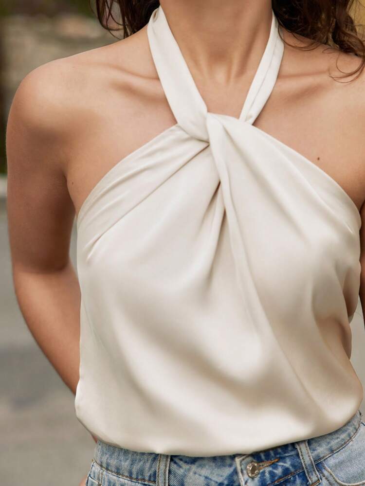 Elegant Solid Twist Tie Backless Halter Top Chic Summer