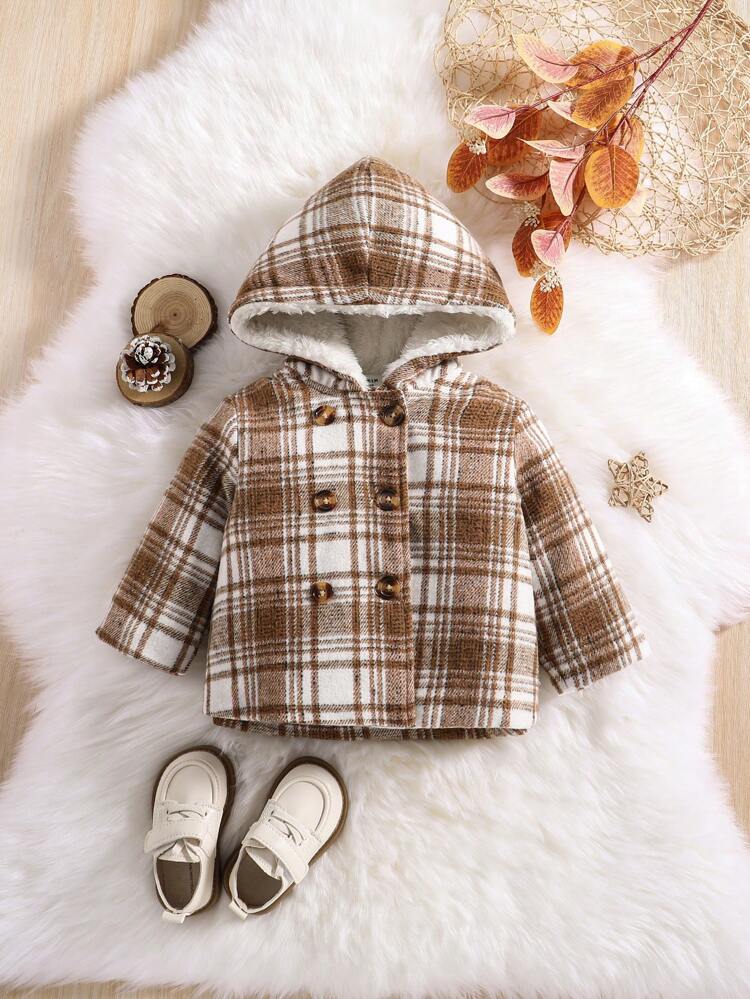 Baby Girl Plaid Print Double Breasted Hooded Overcoat