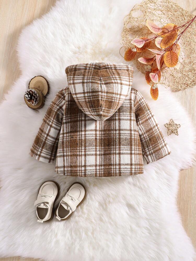 Baby Girl Plaid Print Double Breasted Hooded Overcoat