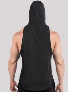 男士素色連帽運動背心 - 黑色 - 查看 2