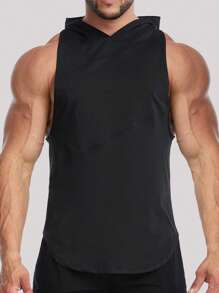 男士素色連帽運動背心 - 黑色 - 查看 3