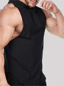 男士素色連帽運動背心 - 黑色 - 查看 4
