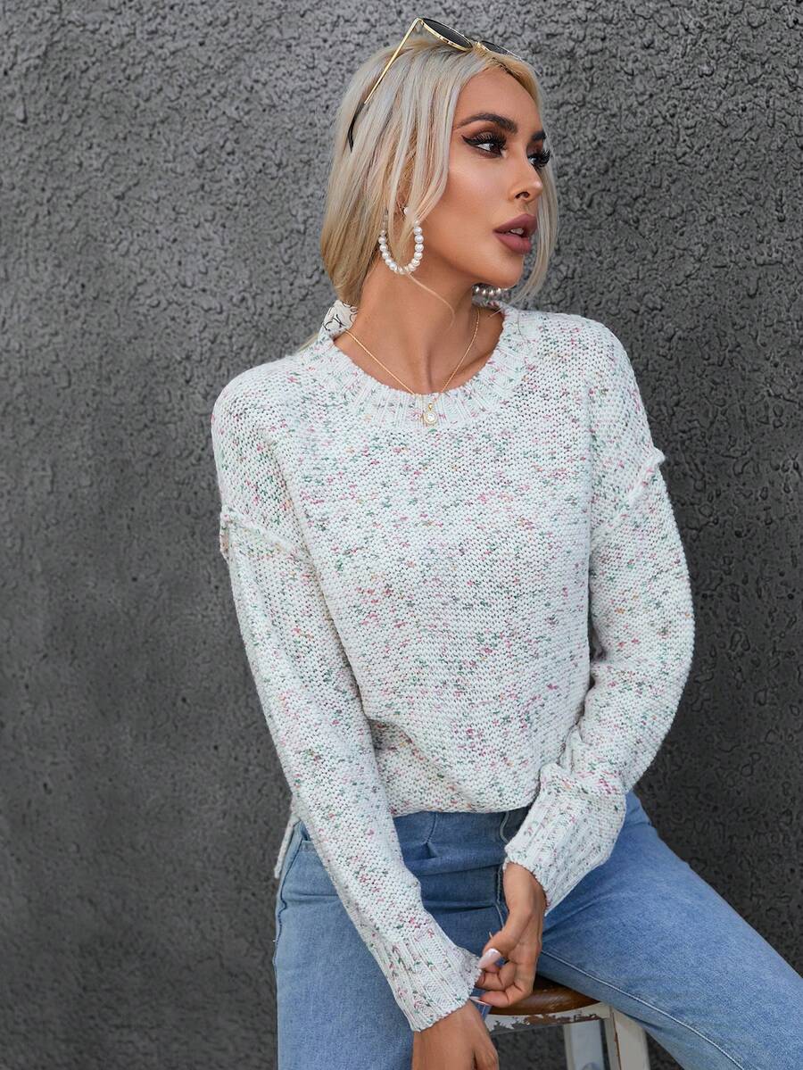 SHEIN Essnce 段染落肩袖套頭毛衣 - 白色 - 查看 1