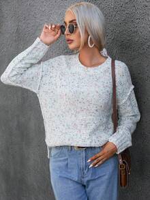 SHEIN Essnce 段染落肩袖套頭毛衣 - 白色 - 查看 3