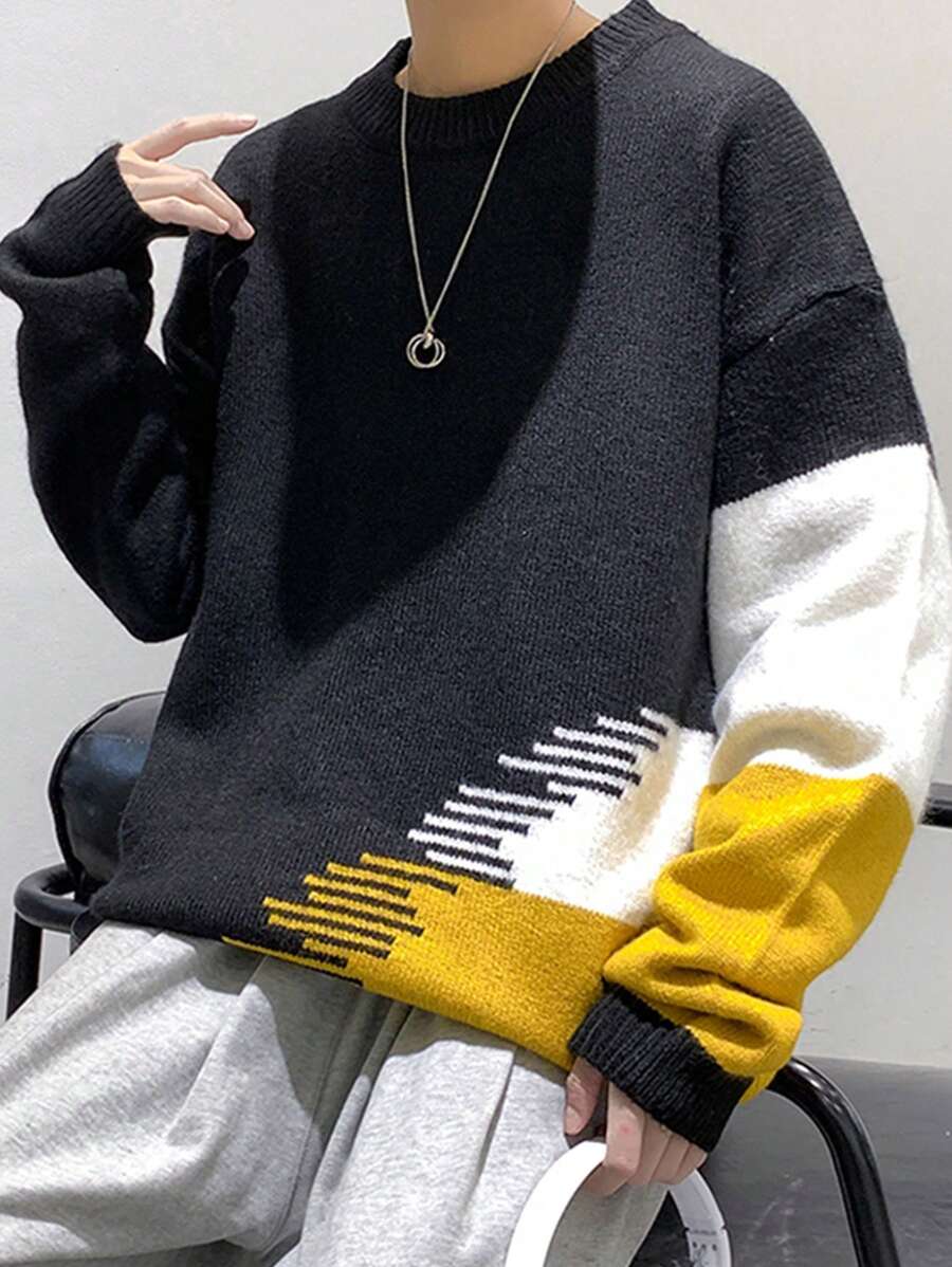 Men Color Block Drop Shoulder Sweater - Black - View 1