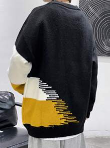Men Color Block Drop Shoulder Sweater - Black - View 2