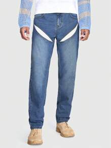 ROMWE MEN ROMWE Avant Hombres Jeans con abertura con bolsillo oblicuo - Azul lavado medio - Ver 1