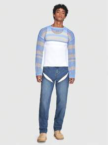 ROMWE MEN ROMWE Avant Hombres Jeans con abertura con bolsillo oblicuo - Azul lavado medio - Ver 2
