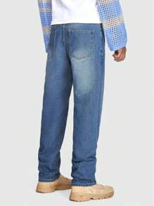 ROMWE MEN ROMWE Avant Hombres Jeans con abertura con bolsillo oblicuo - Azul lavado medio - Ver 3