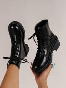 秋冬靴：极简系带机车靴 - 黑色 - 查看 4