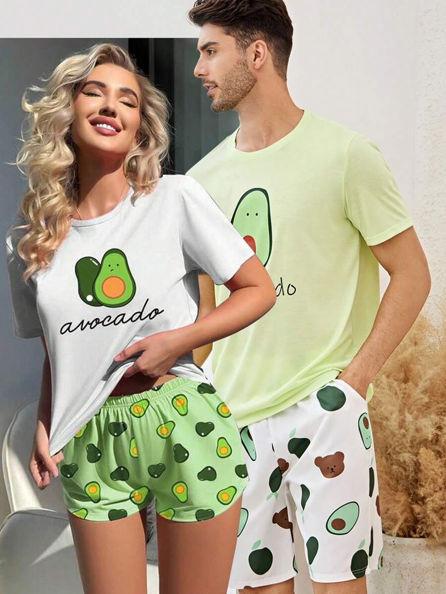 Nam 1 bộ áo thun họa tiết hoạt hình & 1 quần short Bộ PJ / Bộ Pyjama - màu xanh lá - Xem 1