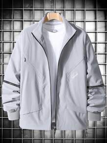 Manfinity Homme Áo khoác gió ngoài trời có khóa kéo họa tiết chữ cho nam không có áo phông - Xám - Xem 1