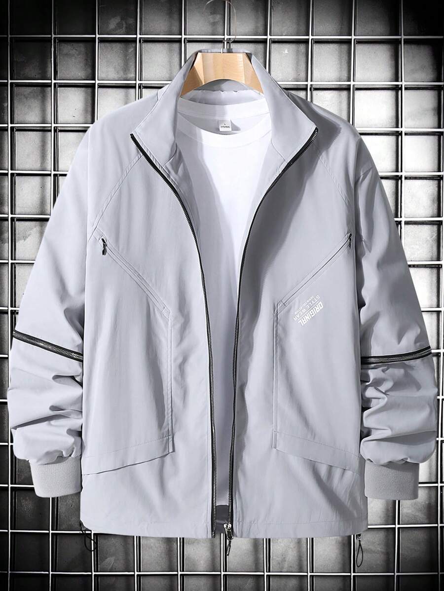 Manfinity Homme Áo khoác gió ngoài trời có khóa kéo họa tiết chữ cho nam không có áo phông - Xám - Xem 1