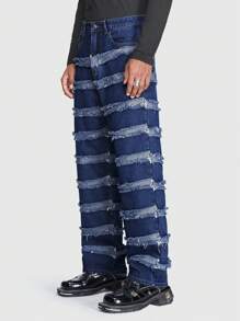 ROMWE MEN ROMWE Avant Guys Raw Trim Straight Leg Baggy Jeans - Dark Wash - View 3