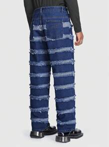 ROMWE MEN ROMWE Avant Guys Raw Trim Straight Leg Baggy Jeans - Dark Wash - View 5