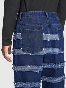 ROMWE MEN ROMWE Avant Guys Raw Trim Straight Leg Baggy Jeans - Dark Wash - View 6