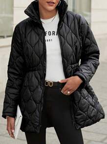 EURMUSE Zip Up Belted Quilted Coat - Black - View 1