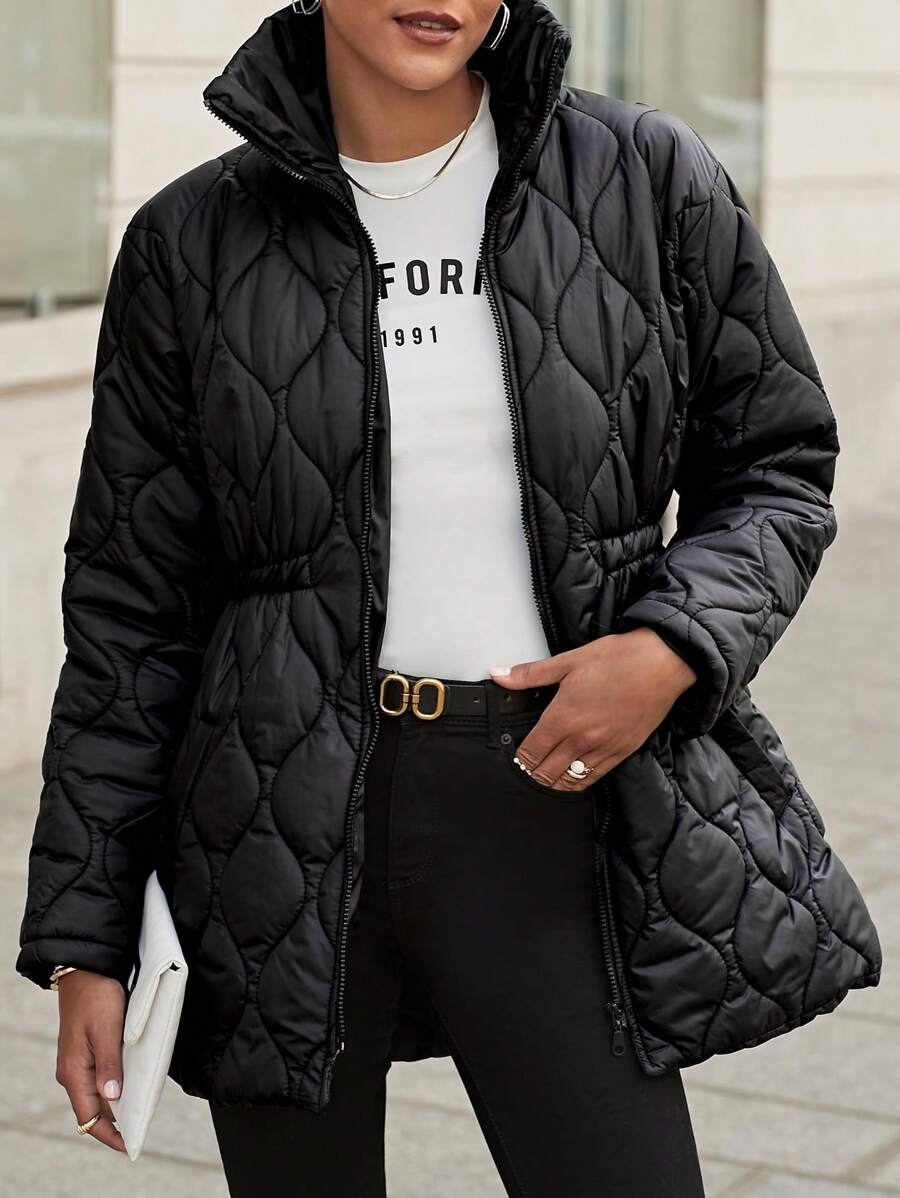 EURMUSE Zip Up Belted Quilted Coat - Black - View 1