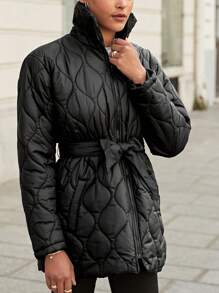 EURMUSE Zip Up Belted Quilted Coat - Black - View 5
