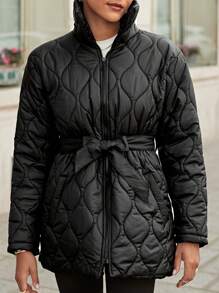 EURMUSE Zip Up Belted Quilted Coat - Black - View 4